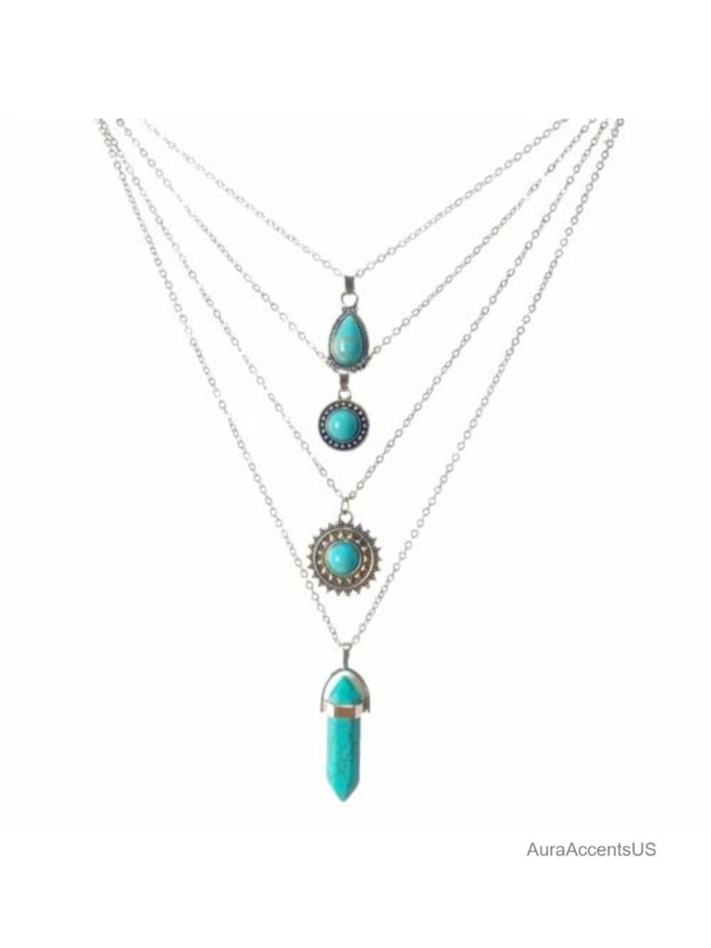 Turquoise Layered Necklace Boho Silver Teardrop Pendant Western Jewelry